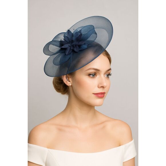 Royal Ascot Inspired Navy Blue Fascinator Hat with Headband – Wedding, Derby - Picture 1 of 5